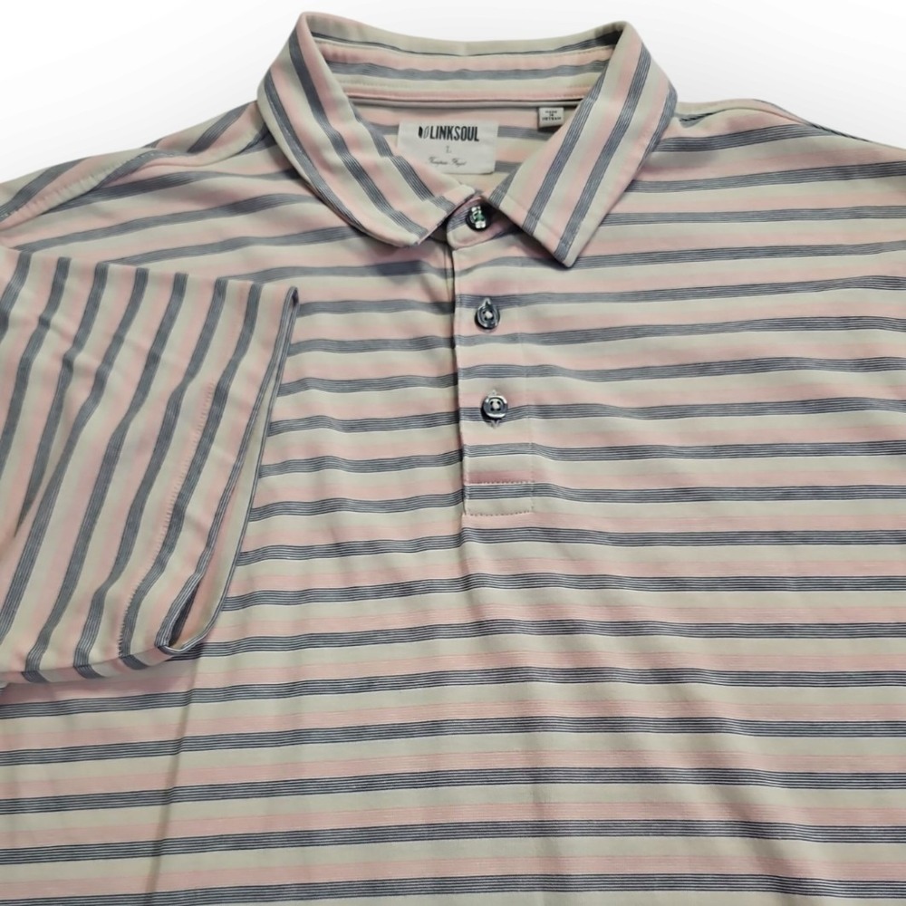 Linksoul Tempus Fugit John Ashworth Men's Large Beige Pink ‎ Navy Polo